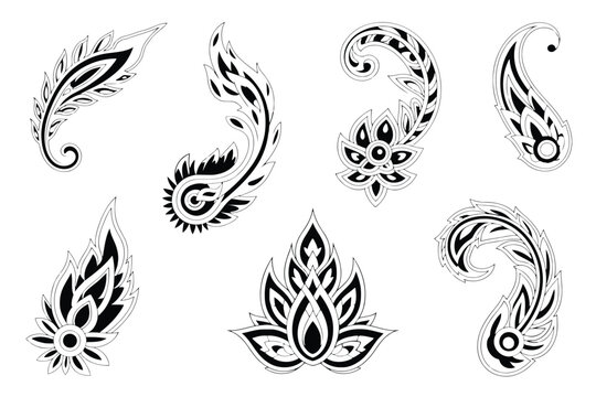 Black and White Decorative Paisley and Floral Motifs on White Background ornament