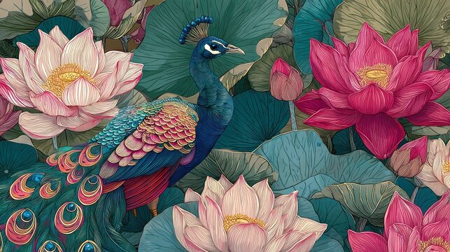 A peacock and lotus flowers in a lush, vibrant garden setting with intricate details and soft, pastel colors.