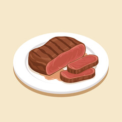 Juicy medium rare beef steak sliced on plate flat vector illustration