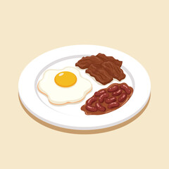 Fried egg, beef and baked beans on plate flat vector illustration
