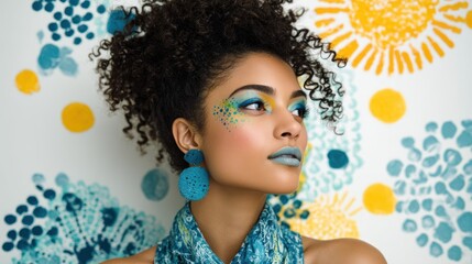 A woman with curly hair, wearing a blue top and earrings, poses against a colorful, abstract background with a white backdrop.