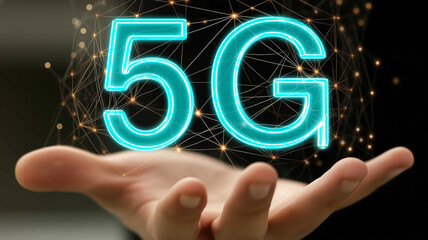 5G Network Concept Floating Above an Open Hand.
A luminous 5G icon floats over a hand, representing next-generation communication, fast mobile connectivity