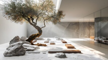 Modern Zen Meditation Courtyard Minimalist Raw Concrete Oak Belgian Wabi-Sabi Style Ancient Olive Tree Natural Boulders White Gravel Serene Light Elegant Simplicity Tranquil Ambiance (AI-Generated)