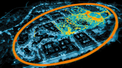 Smart City and Traffic Analysis Using Data Mapping.
A top-down digital map shows an urban zone with highlighted pathways, symbolizing traffic monitoring, city planning
