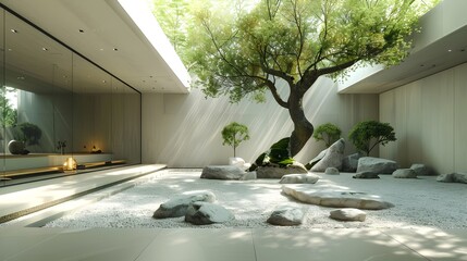 Modern Zen Meditation Courtyard Minimalist Raw Concrete Oak Belgian Wabi-Sabi Style Ancient Olive Tree Natural Boulders White Gravel Serene Light Elegant Simplicity Tranquil Ambiance (AI-Generated)