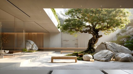 Modern Zen Meditation Courtyard Minimalist Raw Concrete Oak Belgian Wabi-Sabi Style Ancient Olive Tree Natural Boulders White Gravel Serene Light Elegant Simplicity Tranquil Ambiance (AI-Generated)