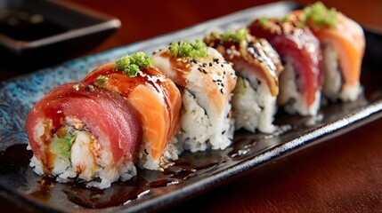 Delicious assortment of colorful seafood rolls served on a dark rectangular platter