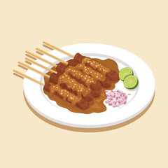 Indonesian satay with peanut sauce on plate vector illustration