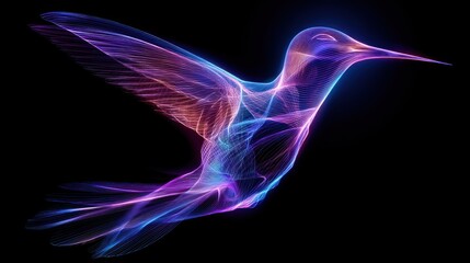 Fototapeta premium A colorful, abstract hummingbird with glowing, neon-like lines and patterns against a black background, with a blurred, ethereal effect, giving it a surreal, dreamlike appearance.