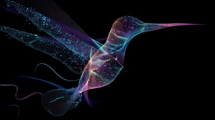 Fototapeta premium A colorful, abstract hummingbird design with a black background, featuring a mix of blue, purple, and pink hues.