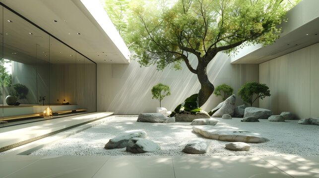 Modern Zen Meditation Courtyard Minimalist Raw Concrete Oak Belgian Wabi-Sabi Style Ancient Olive Tree Natural Boulders White Gravel Serene Light Elegant Simplicity Tranquil Ambiance (AI-Generated)