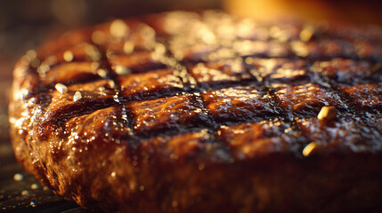 A grilled burger patty with pronounced grid-shaped grill marks, glistening juices, and charred edges, captured in warm appetizing lighting.