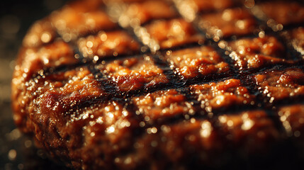 A close-up burger patty with deep charred grill marks, glistening juices, and rich browning, captured in warm lighting for a savory flame-grilled appearance.