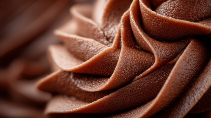 Smooth chocolate frosting shaped into elegant swirls with soft shadows and rich highlights, showcasing creamy texture and deep cocoa tones in a close-up dessert view.
