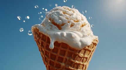 A melting scoop of ice cream in a waffle cone with droplets splashing around it, captured against a bright blue sky to highlight creamy texture and refreshing summer mood.