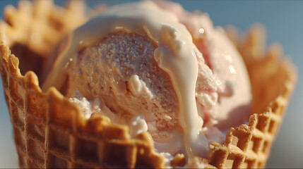A close-up scoop of melting ice cream dripping over a crisp waffle cone, captured in warm sunlight to accentuate smooth creamy texture and glossy melt details.