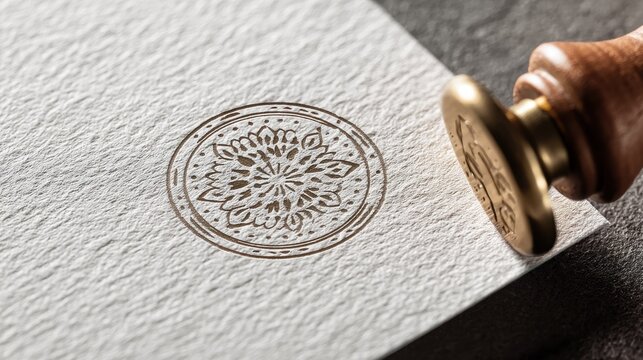 A gold wax seal with a floral design on a textured paper surface, held by a wooden handle against a dark background.