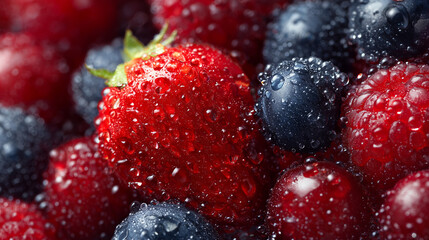 Fresh strawberries, blueberries, and raspberries coated in sparkling droplets, captured in macro detail to emphasize juicy texture, vibrant colors, and natural freshness.