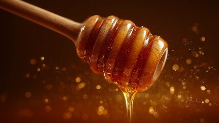 A honey dipper releasing golden honey in slow droplets, captured with warm lighting that highlights its sticky glossy texture and rich amber color.