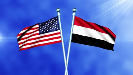 USA and Yemen Flag Waving On Pole Loop