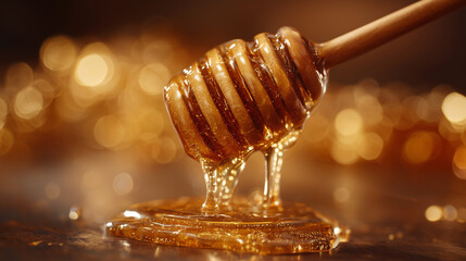 A wooden honey dipper dripping thick golden honey onto a surface, surrounded by warm highlights that emphasize glossy texture and rich amber tones.