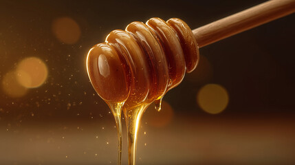 A honey dipper releasing a slow ribbon of golden honey, showing smooth glossy texture and rich warm color, captured in soft glowing light.