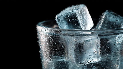 A chilled glass filled with stacked ice cubes covered in condensation droplets, shown against a dark background to emphasize cold clarity and frozen texture.