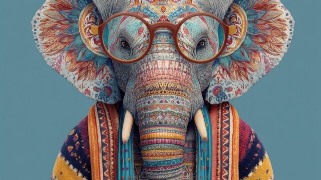 A colorful, intricately patterned elephant with large, expressive eyes and a friendly demeanor, wearing a pair of round, dark glasses, 