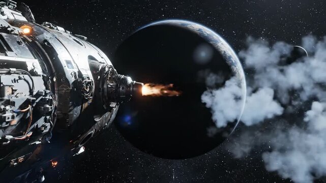 Spacecraft thruster firing a burst of exhaust in front of a planet