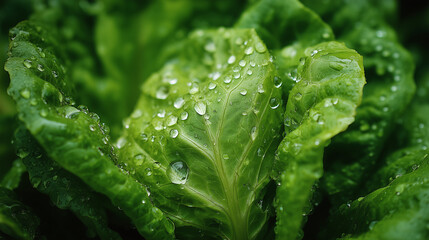 Fresh green lettuce leaves covered with clear water droplets, captured in bright natural lighting to emphasize crisp texture, moisture, and vibrant color.