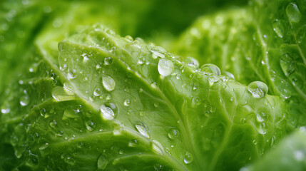 A close-up view of lettuce leaves coated with clear water droplets, showing crisp texture, vibrant green color, and natural freshness in detailed macro lighting.