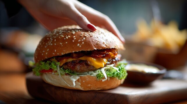 Close-up shot of a hand grabbing a large juicy burger with melted cheese, fresh lettuce, and crispy layers, highlighting delicious fast food texture for restaurant menus, culinary advertising, and tas