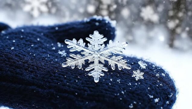 A close-up of a single, perfect snowflake landing on a woolen mitten, its intricate crystal structure visible against the dark fabric.