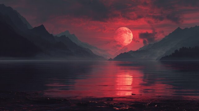 A breathtaking red and moonlit mountain landscape with a calm lake in the foreground, under a dramatic, blood-red sky with dark clouds and a full moon, creating a surreal and ethereal atmosphere.