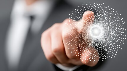 Hand touches glowing interface element surrounded by small dots in a suit.