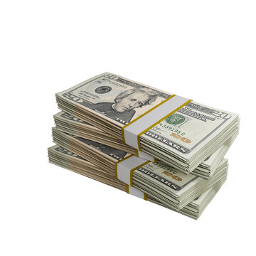 Realistic 3D Render of Stacked US 20 Dollar Bills. Isolated Bundle of Cash for Finance, Wealth, Business Success, and Economy Concept Graphics.