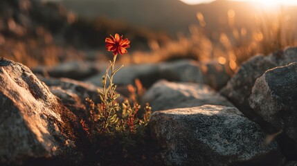 Resilient small red flower blooms brightly among rugged stones bathed in golden sunset light