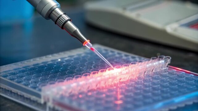 Advanced biotech research inside modern laboratory. scientist uses pipette for precise gene editing, adding sample to microplate for crucial genetic experiment
