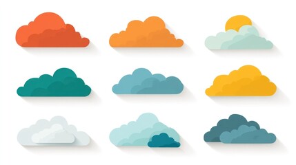 A set of nine colorful clouds with varying shades of orange, blue, green, and yellow, 