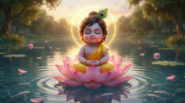 Baby krishna meditating on a lotus flower in a serene pond with sunlight and lush greenery