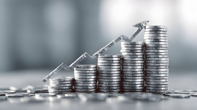 Stacks of metallic currency show upward financial growth trend with an arrow symbol