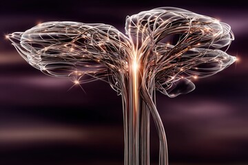 Glowing neural lines form a stylized brain with a bright central node expanding into an abstract growth chart on a deep purple background.