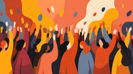 Diverse crowd of people raising their hands together in celebration or appeal against a richly colored background.