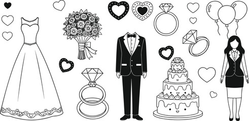 Black and white line art wedding elements including bride dress groom suit wedding cake rings balloons and hearts
