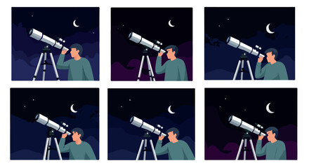 Man observing stars with telescope at night