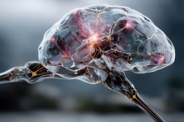 Glowing neural lines form a stylized brain with a bright central node expanding into an abstract growth chart on a deep purple background.