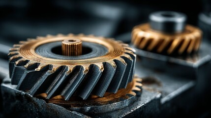 Close-up of metal gears with intricate teeth on a dark surface.