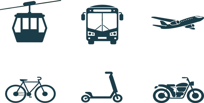 Vector icon set of six common transportation modes: cable car, bus, airplane, bicycle, electric scooter, and motorcycle