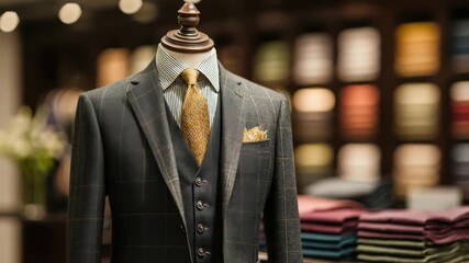 A tailored suit on a mannequin with a patterned tie, pocket square, and vest. Fabrics are in background