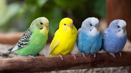 Naklejka premium Four colorful budgies sit next to each other on a wooden perch in summer